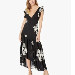 Free People “She’s A Waterfall” High/Low Maxi Dress – Size 12 – Black Floral
